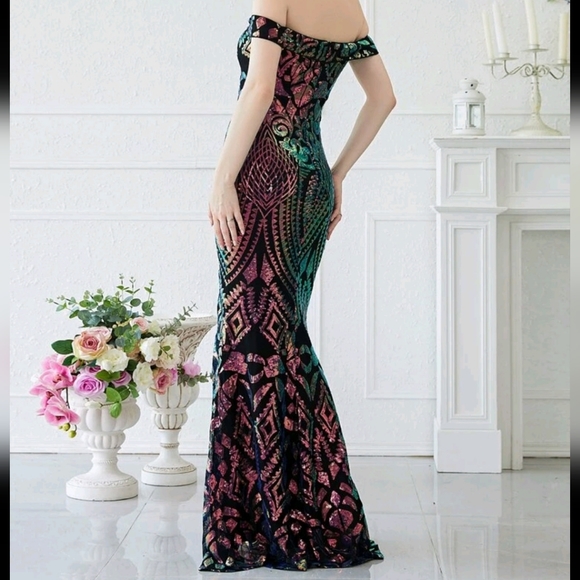 Off Shoulder Split Thigh Sequin Formal Evening Gown - Picture 2 of 13